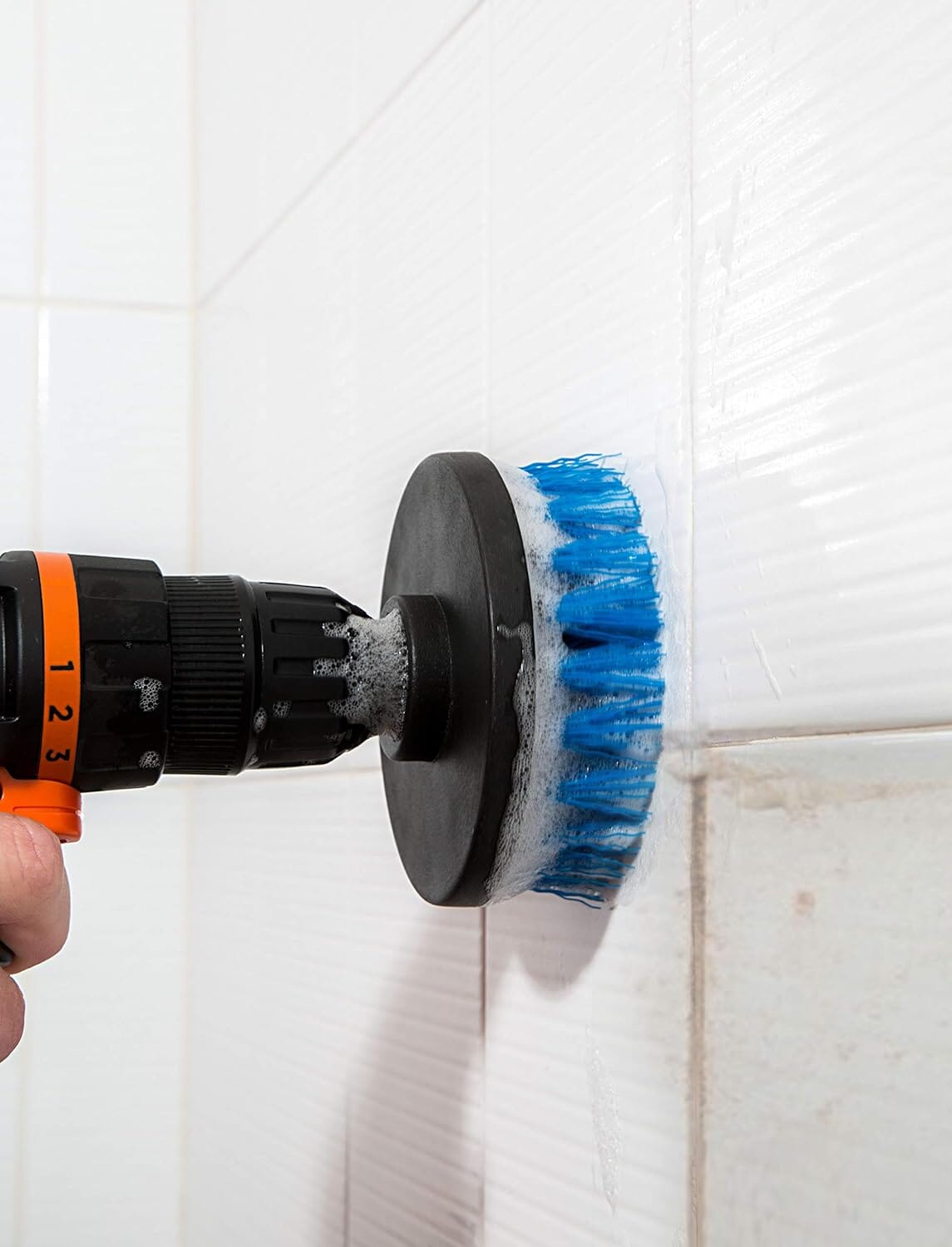 RevoClean 4 Piece Scrub Brush Power Drill Attachments-All Purpose Time Saving Kit-Perfect for Cleaning Grout, Tile, Counter, Shower, Grill, Floor, Kitchen, Blue & White Plunger TubShroom.com