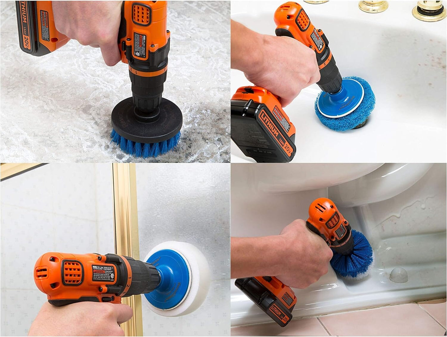 RevoClean 4 Piece Scrub Brush Power Drill Attachments-All Purpose Time Saving Kit-Perfect for Cleaning Grout, Tile, Counter, Shower, Grill, Floor, Kitchen, Blue & White Plunger TubShroom.com