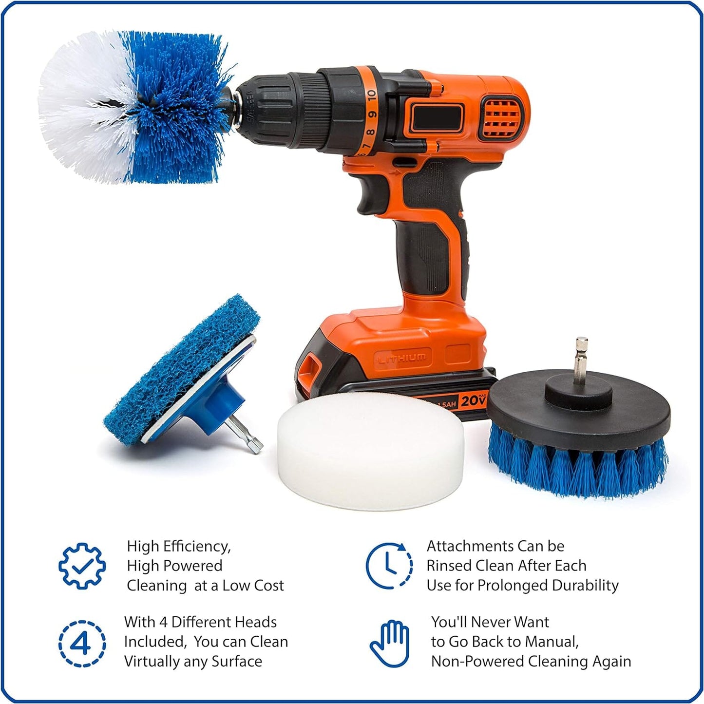 RevoClean 4 Piece Scrub Brush Power Drill Attachments-All Purpose Time Saving Kit-Perfect for Cleaning Grout, Tile, Counter, Shower, Grill, Floor, Kitchen, Blue & White Plunger TubShroom.com