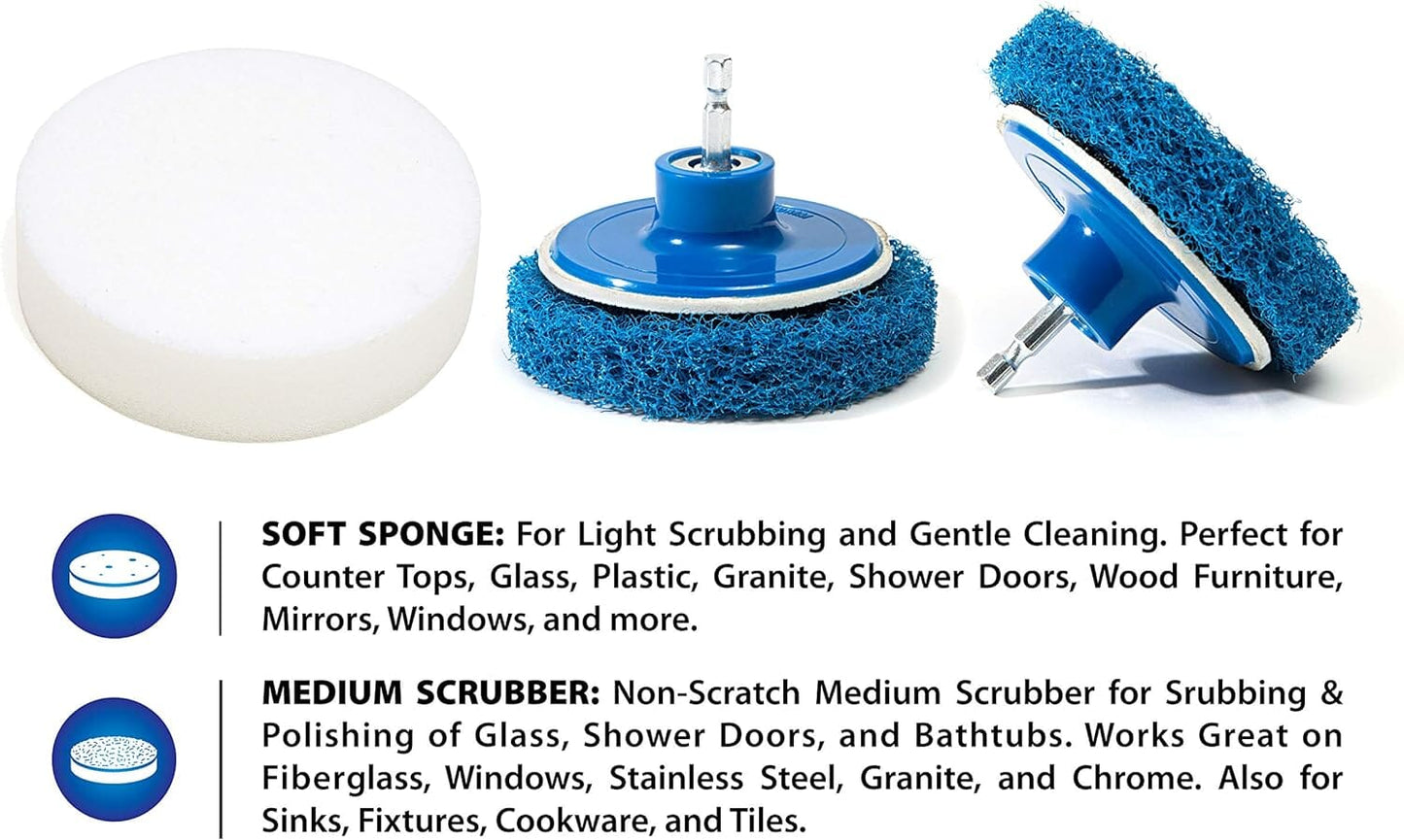 RevoClean 4 Piece Scrub Brush Power Drill Attachments-All Purpose Time Saving Kit-Perfect for Cleaning Grout, Tile, Counter, Shower, Grill, Floor, Kitchen, Blue & White Plunger TubShroom.com