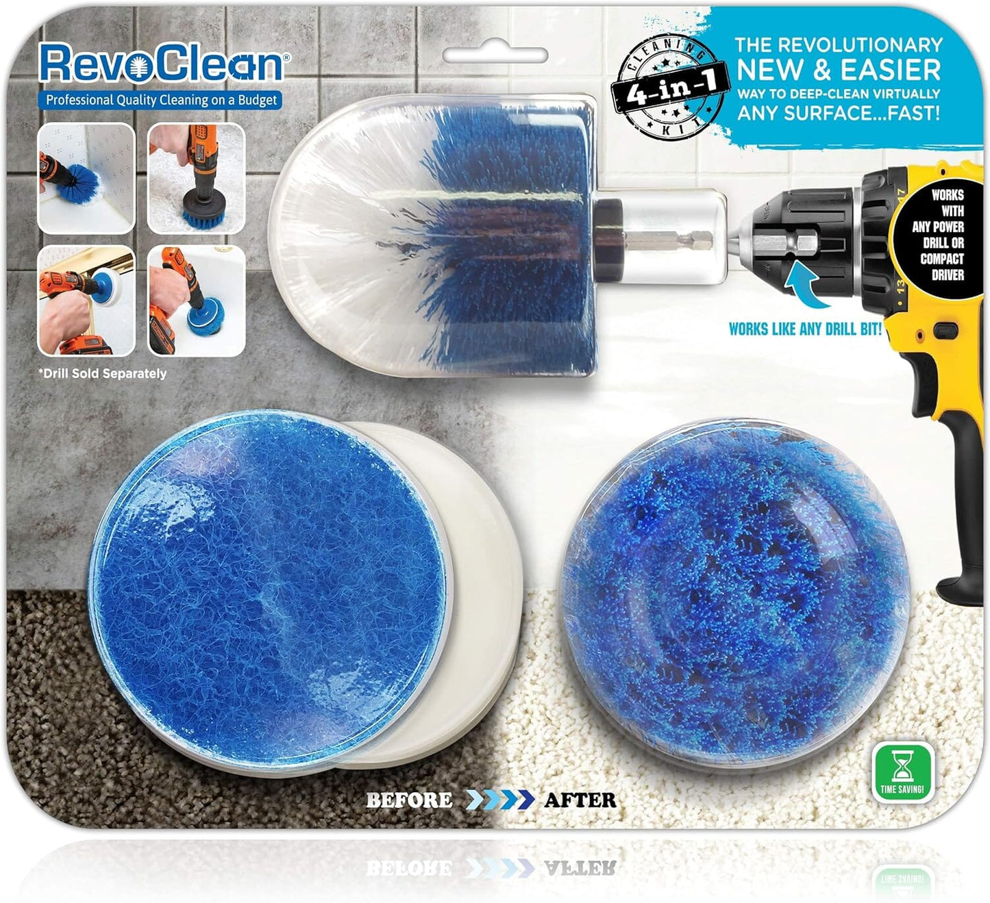RevoClean 4 Piece Scrub Brush Power Drill Attachments-All Purpose Time Saving Kit-Perfect for Cleaning Grout, Tile, Counter, Shower, Grill, Floor, Kitchen, Blue & White Plunger TubShroom.com